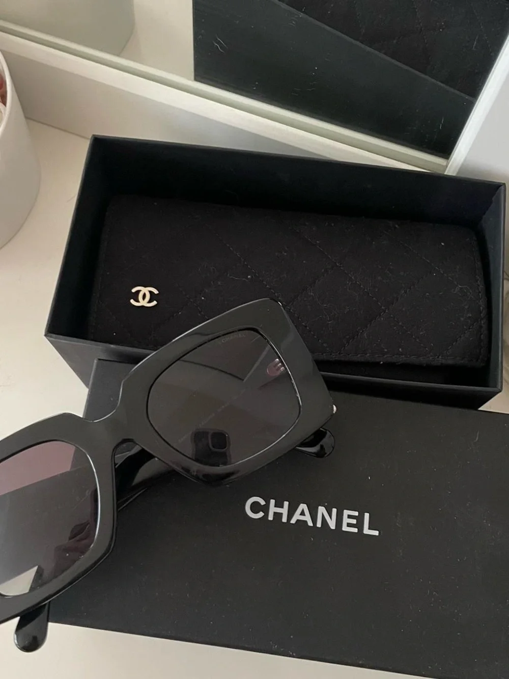 CHANEL Black Square Sunglasses with Pearl Trim and Gold CC Logo